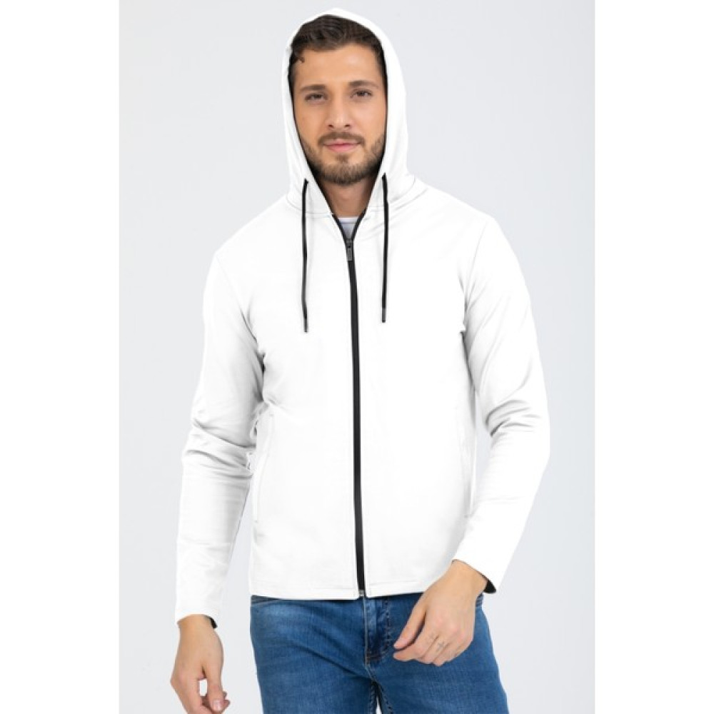 Bessa Beyaz Eşofman Üstü Kapüşonlu Fermuarlı Cep Dalgıç Kumaş Erkek Sweatshirt Fiyatı
