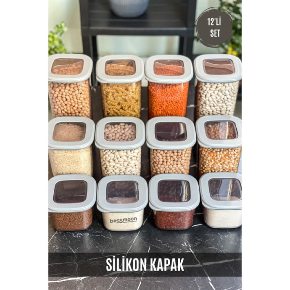 Bessmoon 12'li Kare Foly Erzak Saklama Kabı , Bakliyat Seti , Baharatlık 1.75 Lt-1.20 LT-550 ml Saklama Kapları Fiyatı