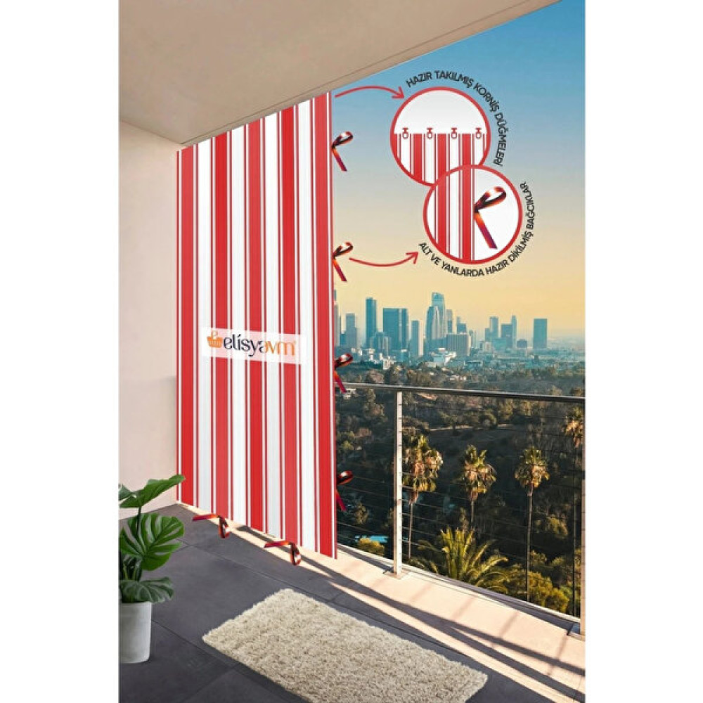 Best Always Çizgili Balkon Perdesi+Branda+Güneşlik En x Boy - 100 x 180 cm - Kırmızı - Beyaz Güneşlik Fiyatı