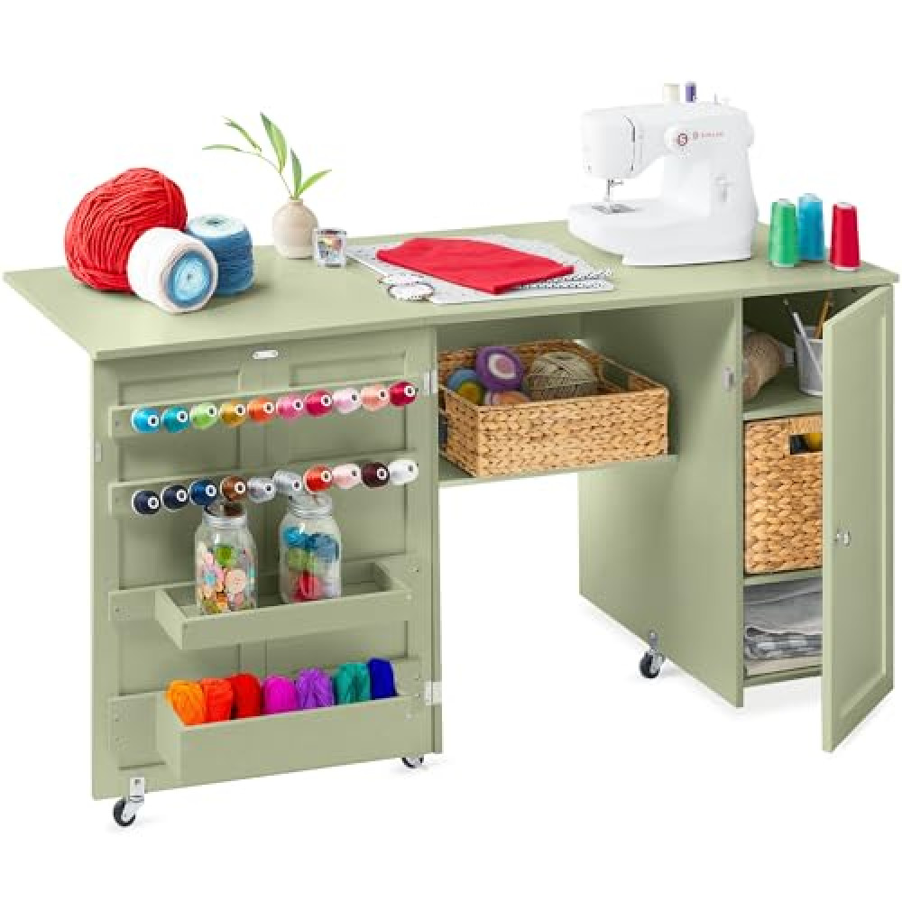 Best Choice Products Large Folding Sewing Table, Multipurpose Portable Craft Station & Side Desk w/Compact Design, Caster Wheels, Storage Shelves, 2 Storage Trays, Magnetic Doors - Light Green Sewing Machine Accessories Fiyatı