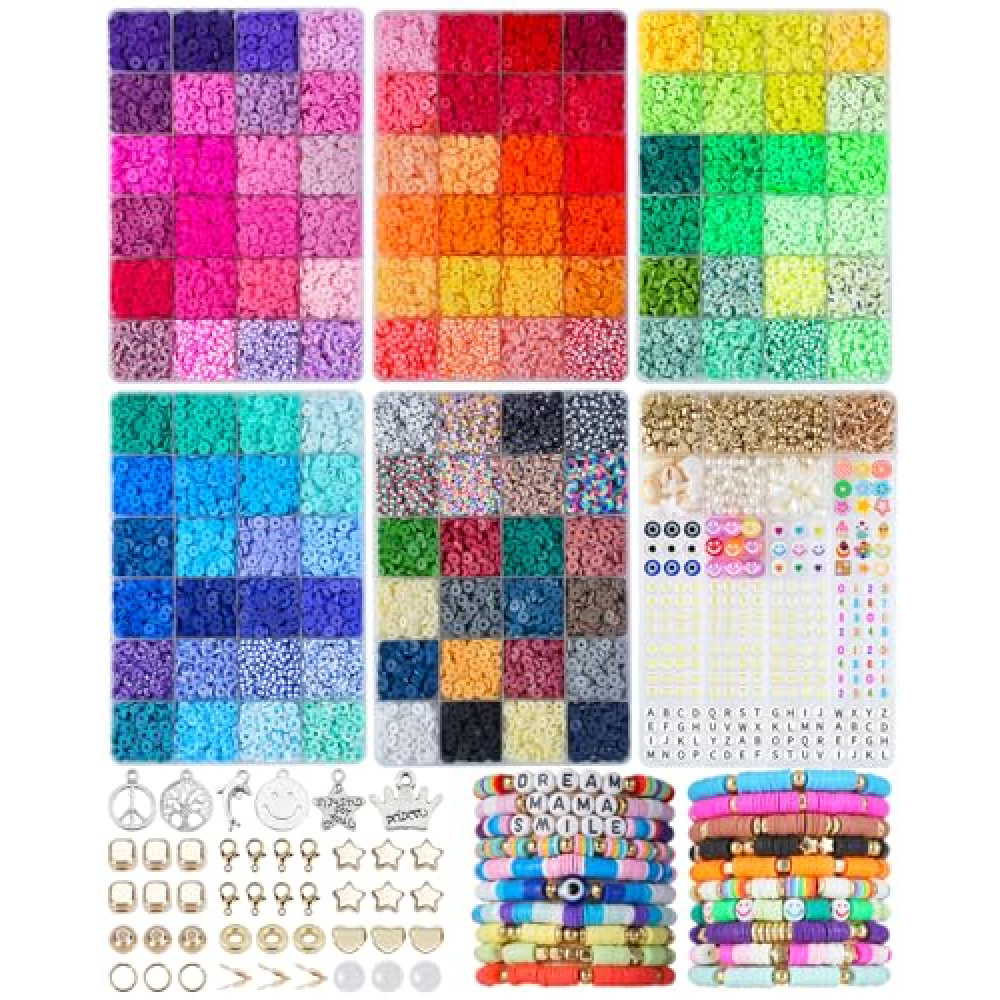 BestNow Clay Beads Bracelet Making Kit 120 Colors 6 Box Flat Polymer Heishi Beads Set for Friendship Jewelry Making with Pendant Charms Crafts Gifts for Girls Ages 6 7 8 9 10 11 12 Kids Adults