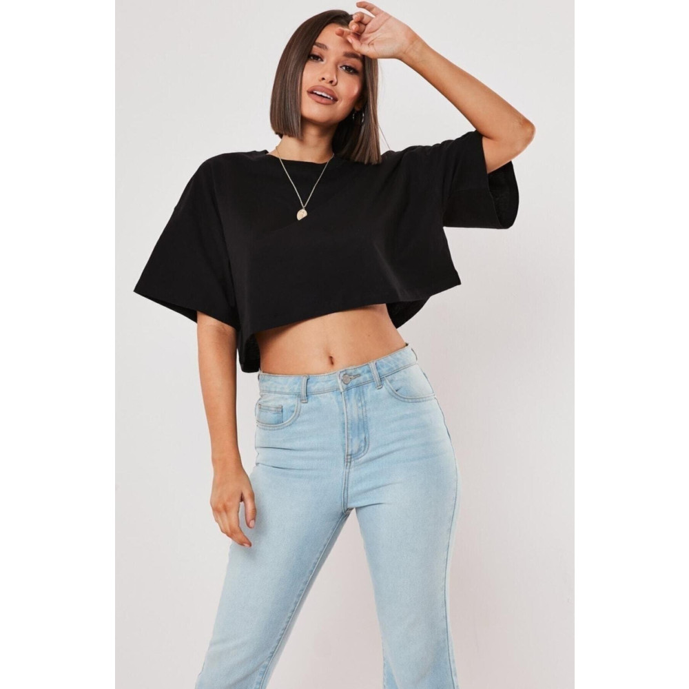 BESTTRENDY Optimistic Baskılı Dikiş Detaylı Çift Renk Siyah Crop T-shirt XL Beden Bayan T-shirt Fiyatı