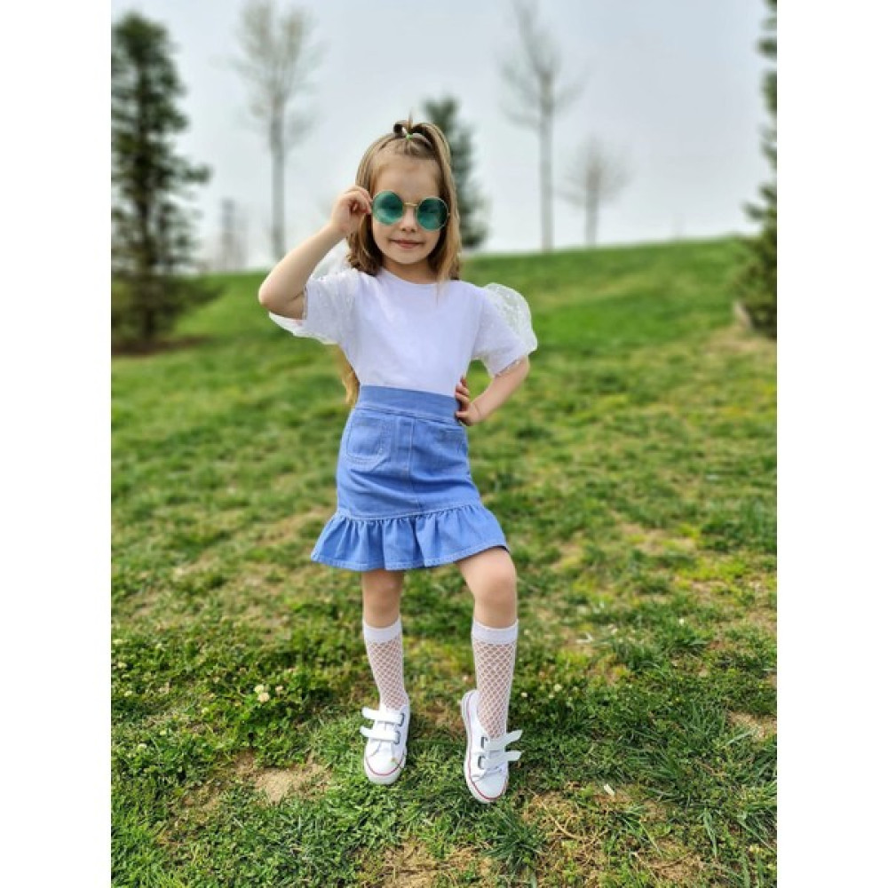 Besvika Kids Balon Kol Beyaz Bluz & Kot Etek Takım Kız Çocuk Giyim Takımı Fiyatı