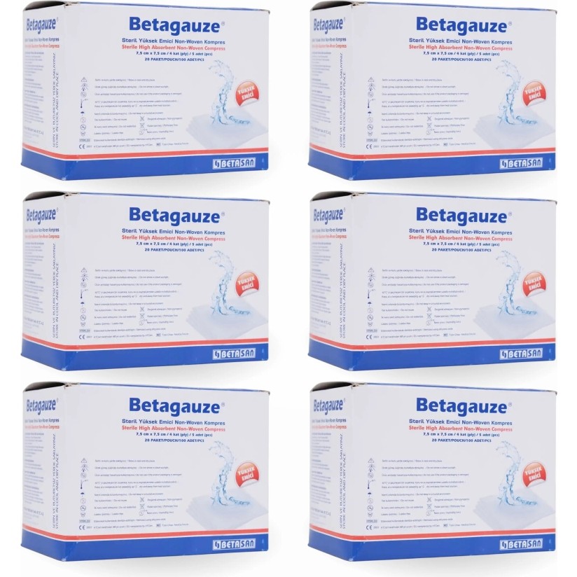 Betasan Betagauze Steril Emici NonWoven Kompres 7,5cmx7,5cm (5x20) - 100'lü Kutu x 6 Kutu (600 Adet) Diğer Fiyatı