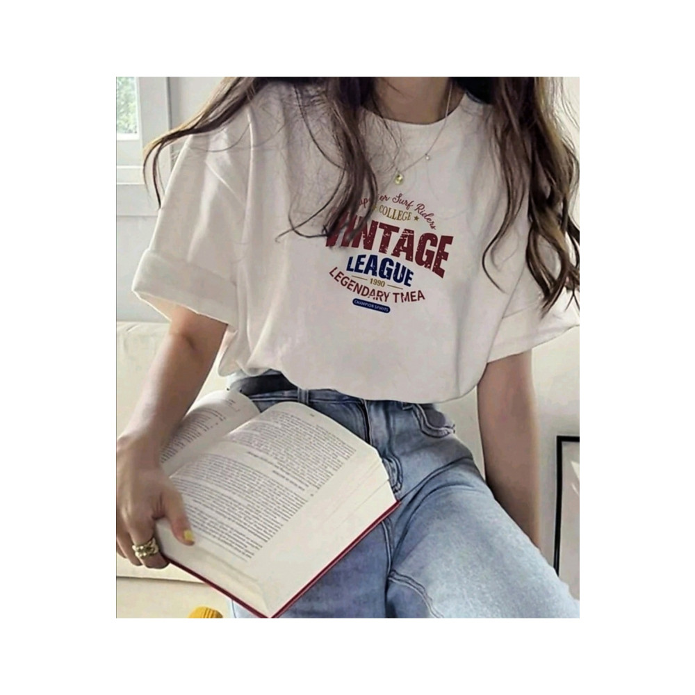 BETİLİNA Beyaz Vintage Baskılı T-shirt 6XL Beden Bayan T-shirt Fiyatı