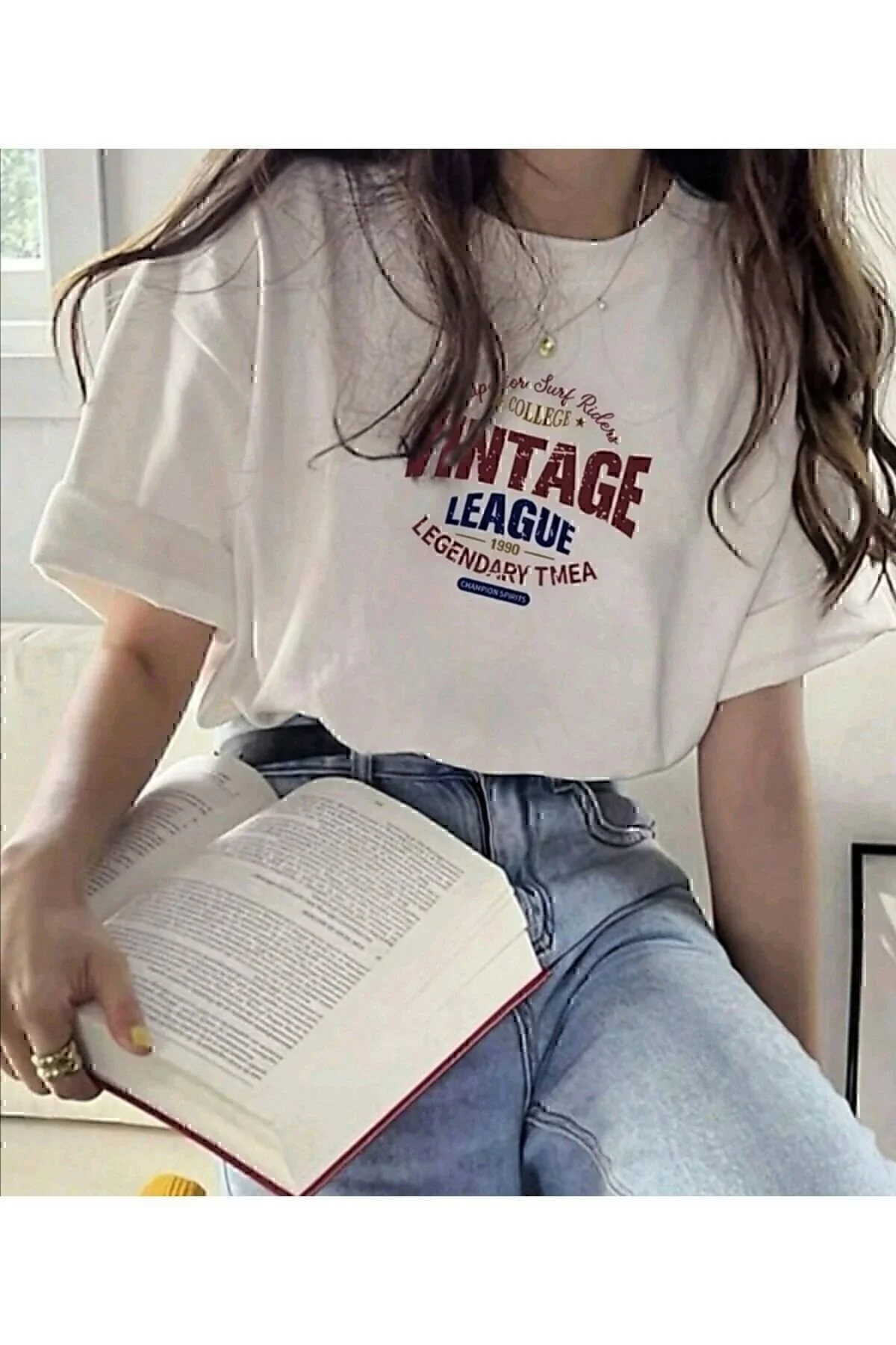 BETİLİNA Beyaz Vintage Baskılı T-shirt S/M Beden" Bayan T-shirt Fiyatı