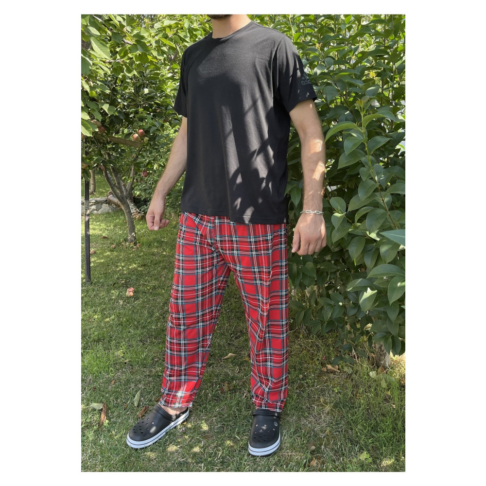 Betimoda Erkek %100 Pamuk Cepsiz Beli Lastikli Pijama Altı Eşofman Kırmızı Yeşil Kare XL Beden Kadın Pijama Fiyatı
