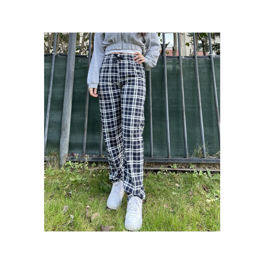Betimoda Kadın Pamuklu Ekose Desenli Pijama Altı Eşofman Kurdeleli Siyah Beyaz Kare XXL Beden Kadın Pijama Fiyatı