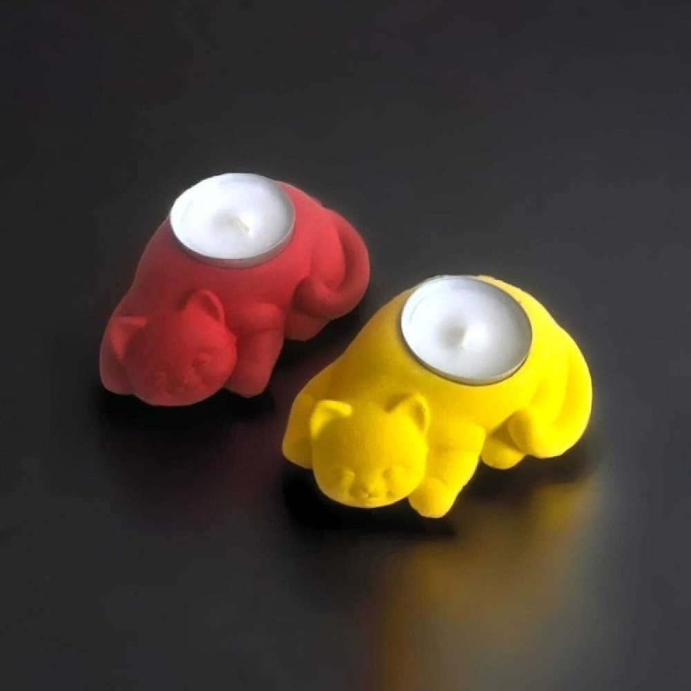 Beton - Dekoratif 2li Kedi Tealight Mumluk - Mum Hediyeli - Sarı & Kırmızı - 0 Şamdan Fiyatı
