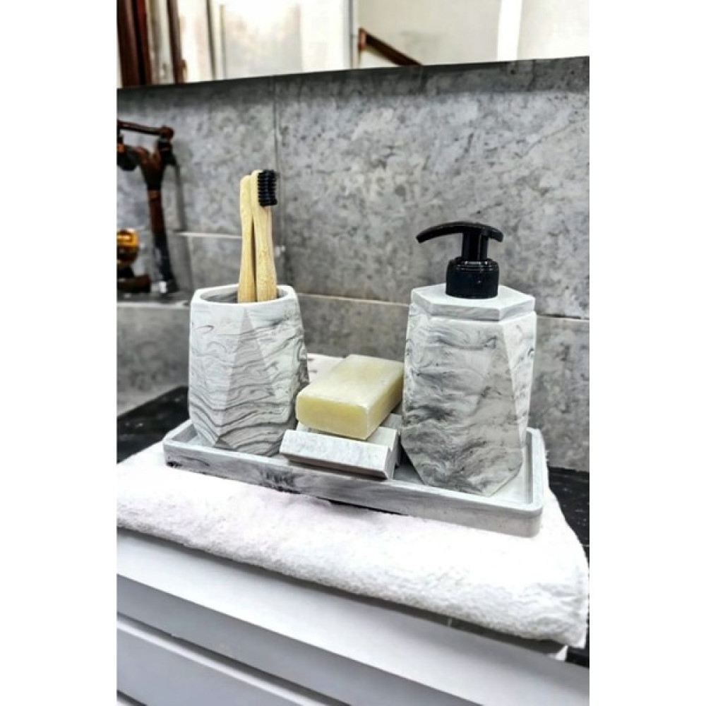 Betonmall 4'Lü Mermer Desenli Beton Banyo Seti Tuvalet Wc Sıvı Sabunluk Diş Fırçalık Tepsi Takım - Beyaz Banyo Aksesuarları Fiyatı