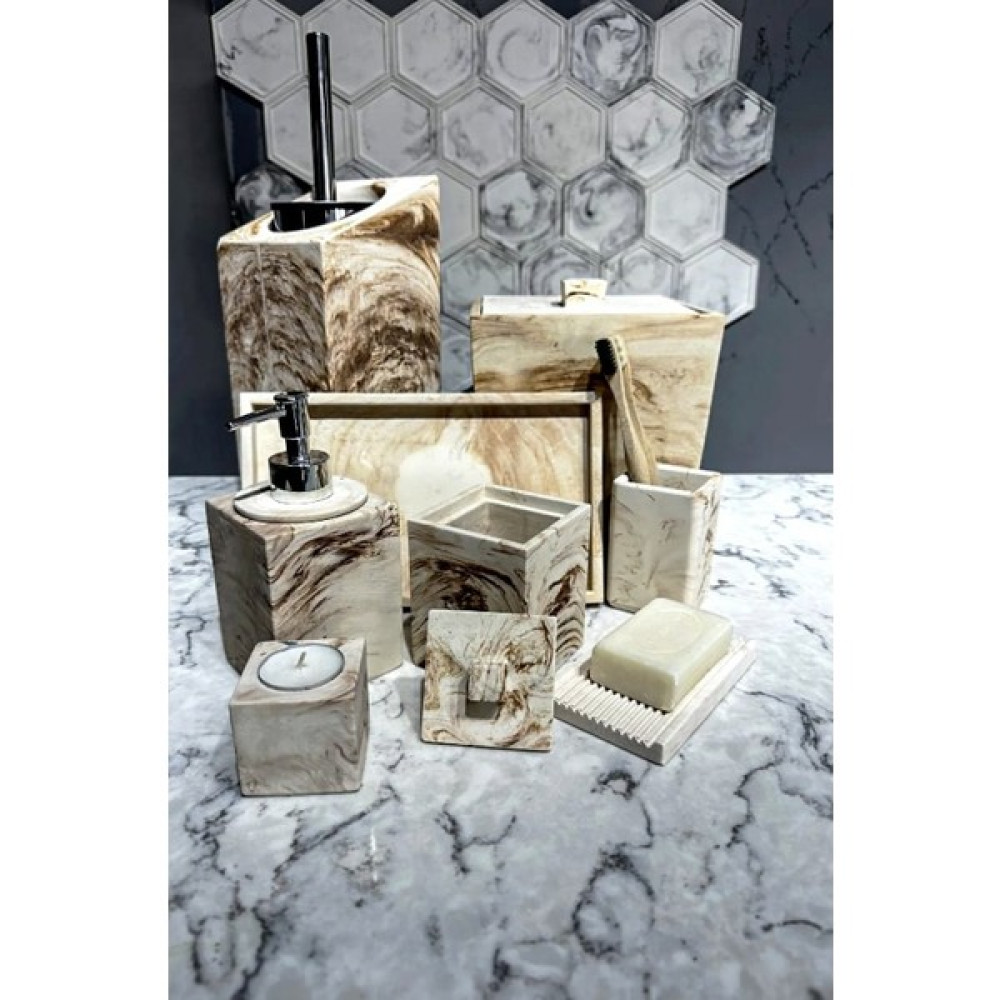 Betonmall 8'Li Mermer Desenli Kare Beton Banyo Seti Çöp Kovalı Tuvalet Wc Sıvı Sabunluk Diş Fırçalık Takımı - Bej Banyo Aksesuarları Fiyatı