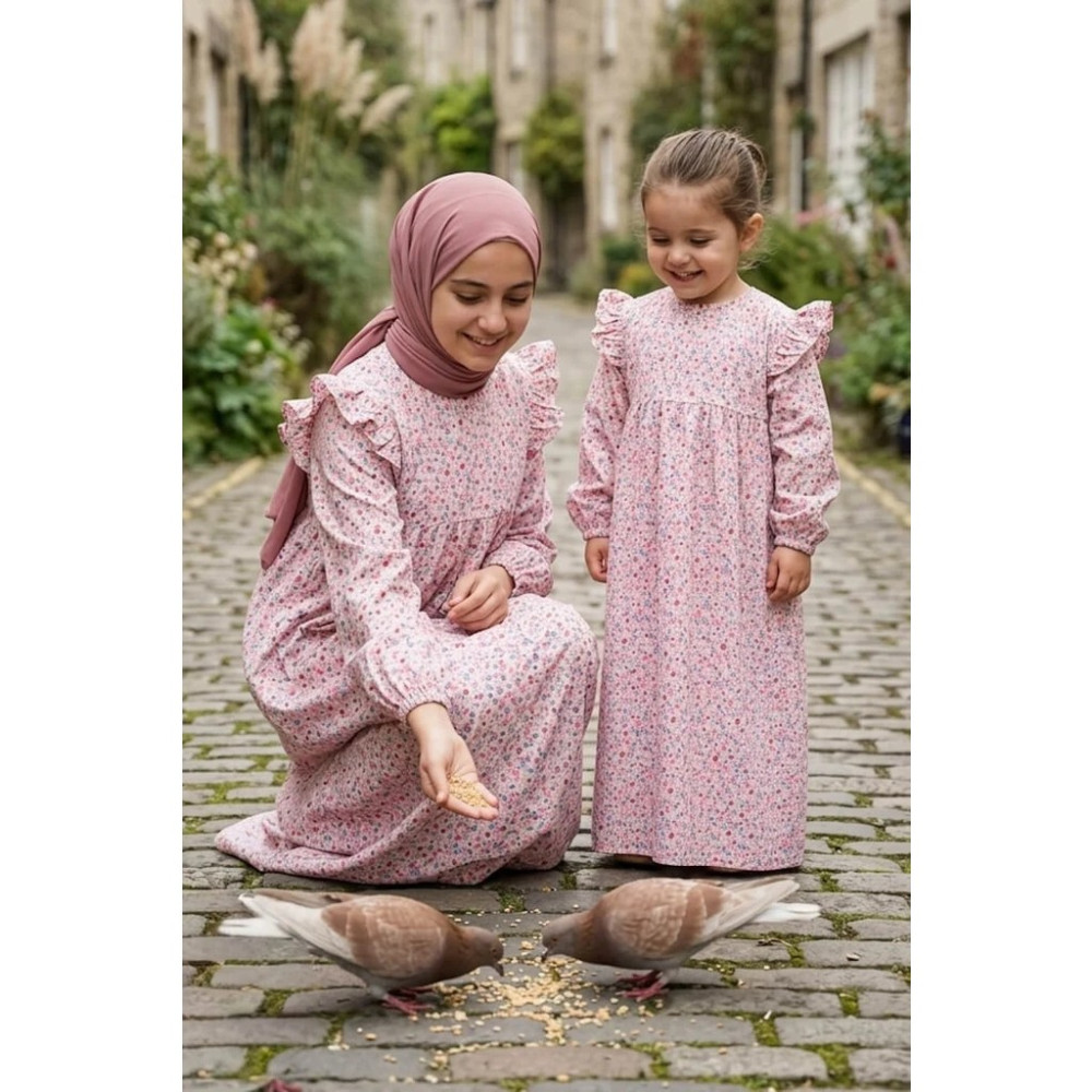 Betül Akbay Kız Çocuk Tesettür Elbise – Amine Model Viskon Pamuklu Tam Boy Pembe Elbise Fiyatı