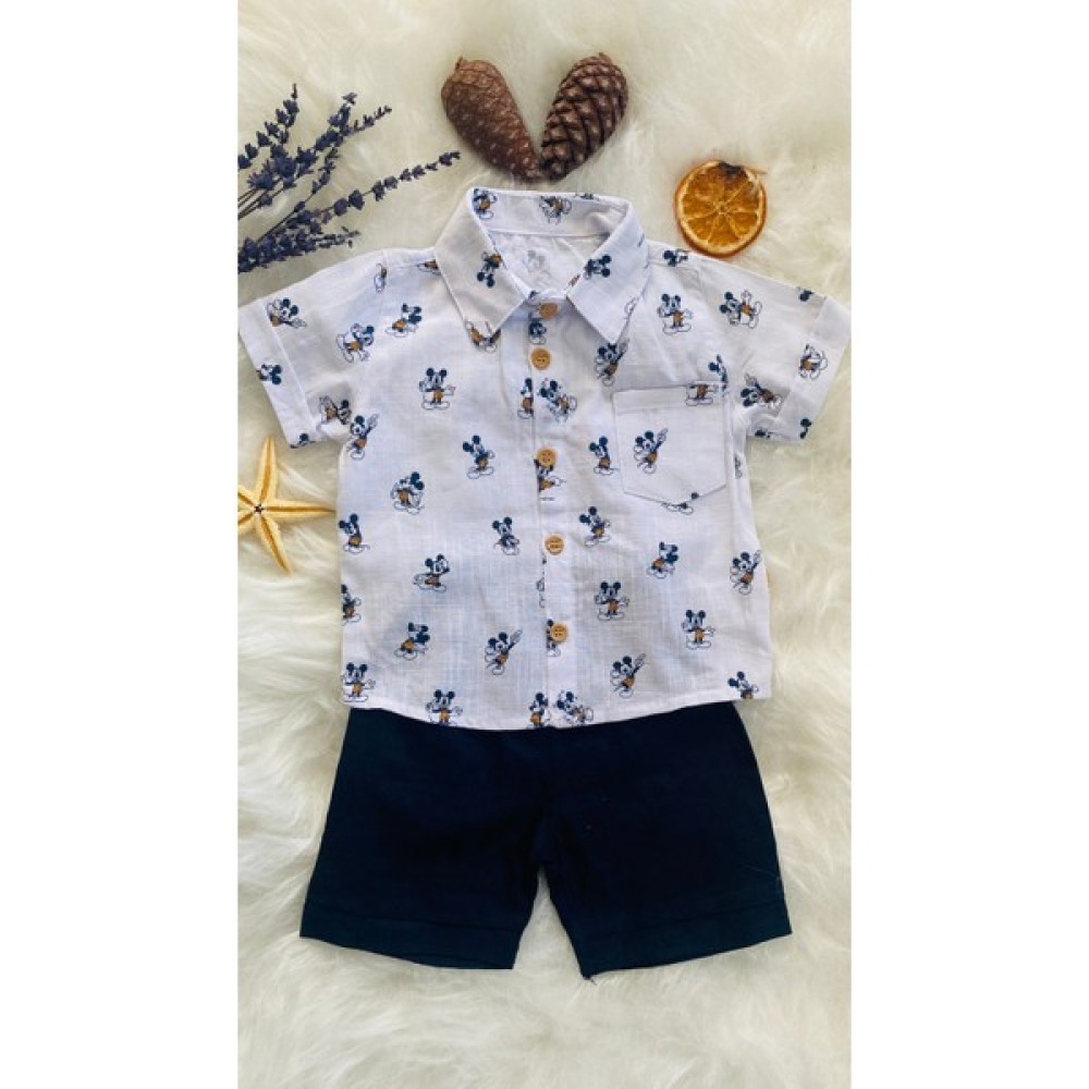 Betüş Mickey Mouse Baskılı Keten Gömlek ve Lastikli Kapri Erkek Bebek Takım Bebek Giysi Takım Fiyatı