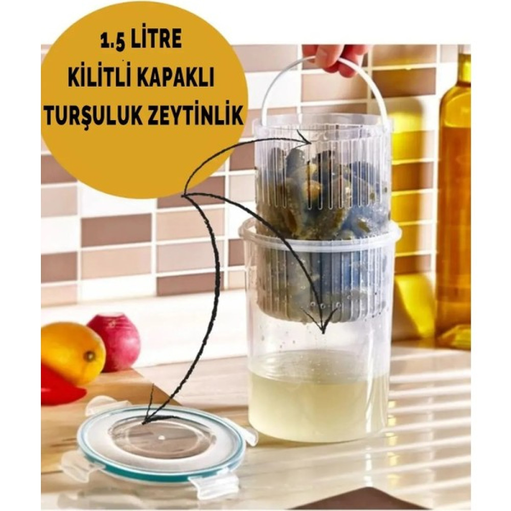 Betygroup Çok Amaçlı 1,5 Litre Süzgeçli Turşuluk Zeytinlik Kilitli Kapaklı Süzgeçli Saklama Kabı - Şeffaf Saklama Kapları Fiyatı