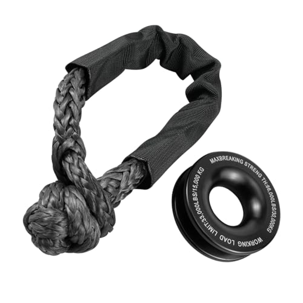 Bevinsee Heavy Duty Synthetick Soft Shackle Recovery Ring Kit, 1pc 66,000lbs Winch Snatch Recovery Ring + 1pc 33,000lbs Shackles Rope for ATV SUV UTV SXS, 4x4 Truck Tackle Winch Rope System Black