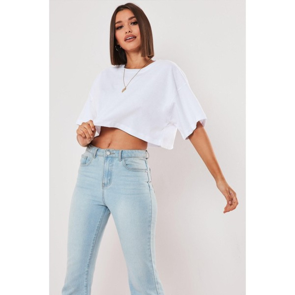 Beyaz %100 Pamuk Bisiklet Yaka Oversize Crop T-Shirt Bayan T-shirt Fiyatı