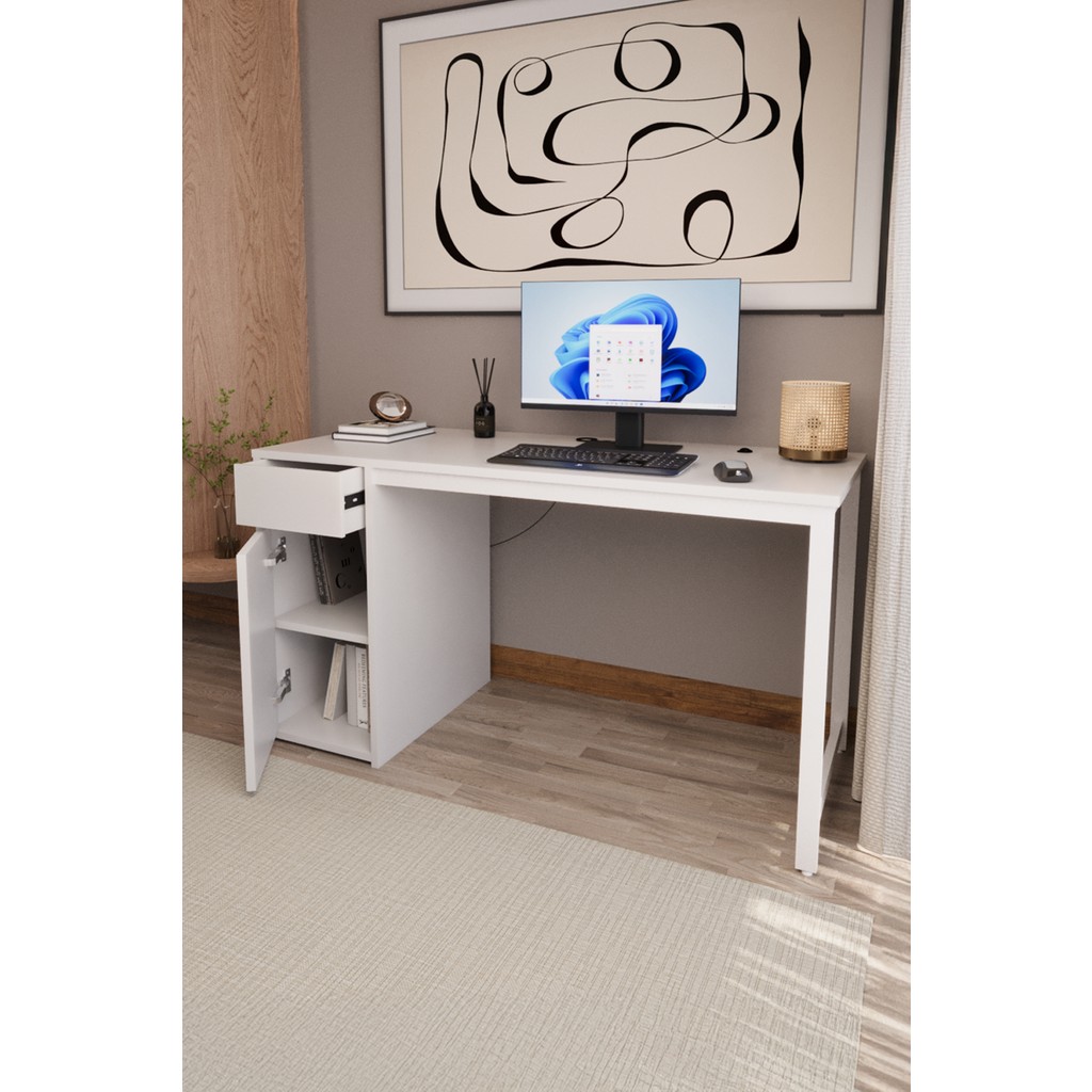 Beyaz 140X60 cm Çalışma Masası, Bilgisayar Masası, Ofis Masası Çekmeceli, Dolaplı, Raflı Bilgisayar Masası Fiyatı