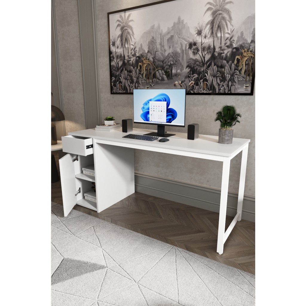 Beyaz 160X60 cm Çalışma Masası, Bilgisayar Masası, Ofis Masası Çekmeceli, Dolaplı, Raflı Bilgisayar Masası Fiyatı