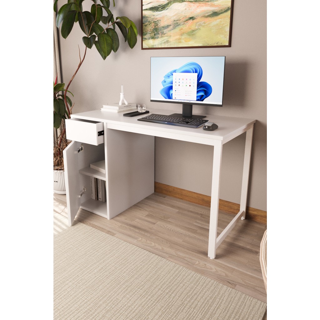 Beyaz 60X120 cm Çalışma Masası, Bilgisayar Masası, Ofis Masası Çekmeceli, Dolaplı, Raflı - 120x60 Bilgisayar Masası Fiyatı