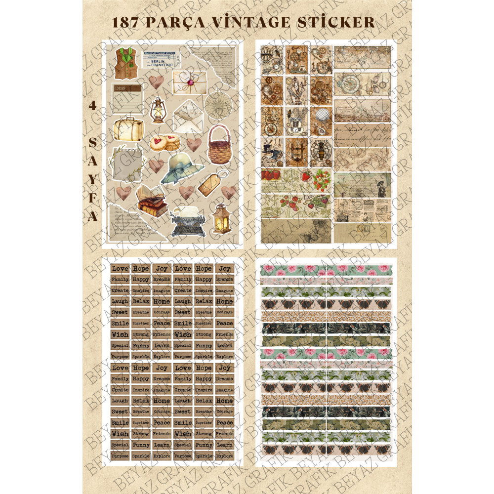 Beyaz Grafik 187 Adet 4 Sayfa Vintage Sticker Seti - Bullet Journal /scrapbook/ Ajanda/ Laptop/ Telefon Stickerı- Etiket Fiyatı