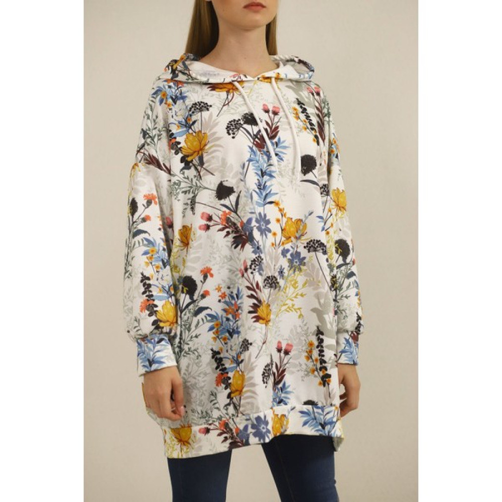 Beyaz Kapşonlu Desenli Sweat Bayan Sweatshirt Fiyatı