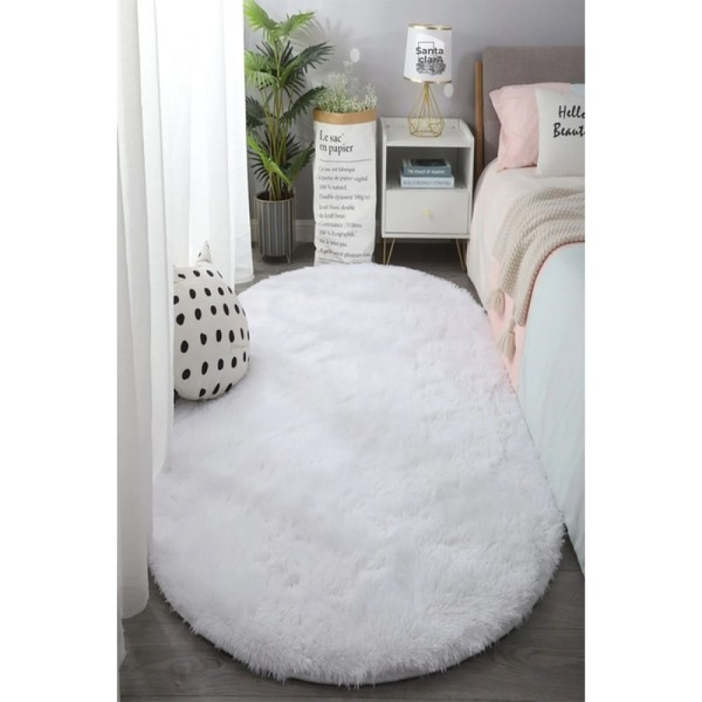 Beyaz Oval Post Halı Peluş Yumuşak Kaymaz Dot Taban - 80 x 120 cm Salon Halısı Fiyatı
