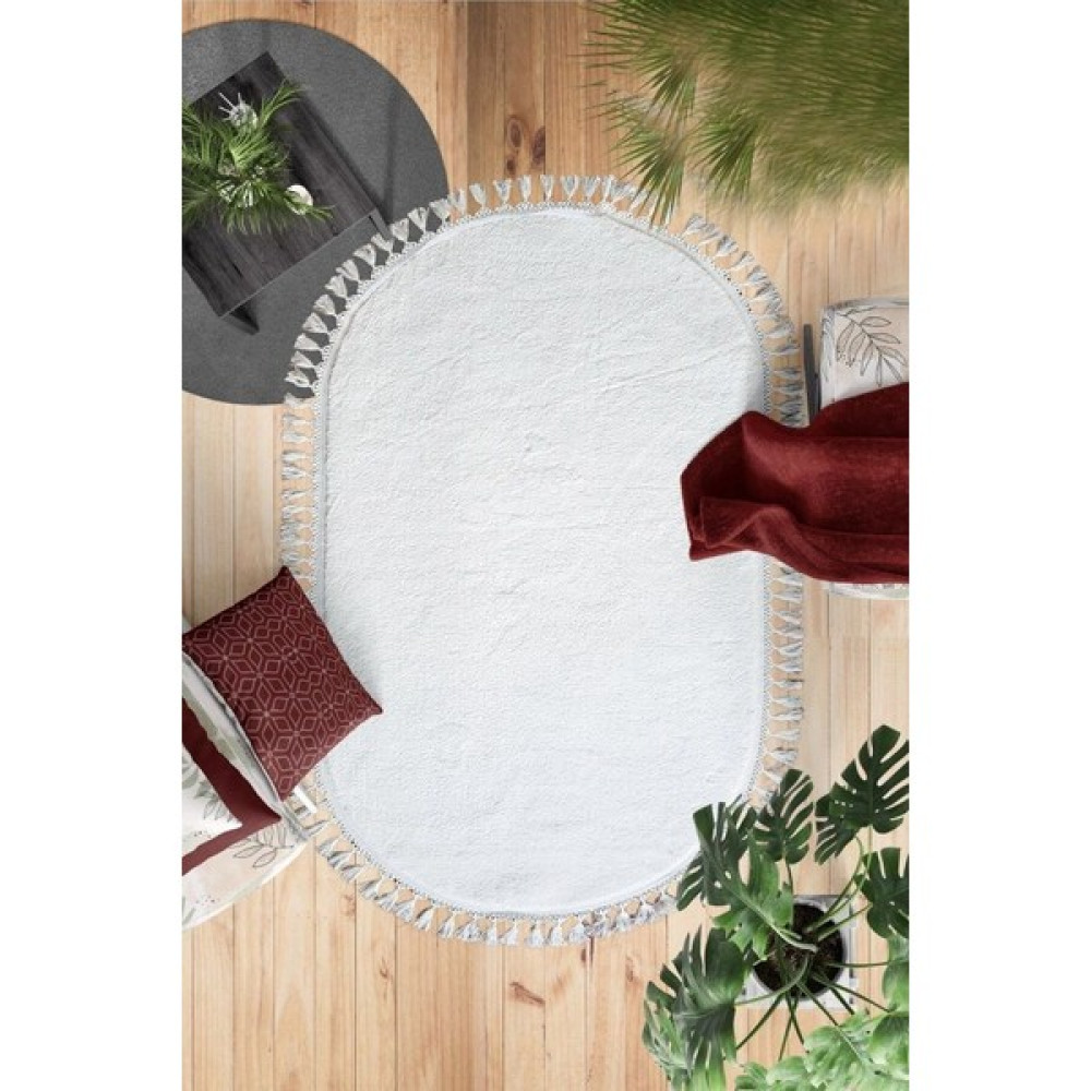 Beyaz Oval Püskül Saçaklı Post Halı Peluş Yumuşak Kaymaz Dot Taban - 80 x 100 cm Salon Halısı Fiyatı