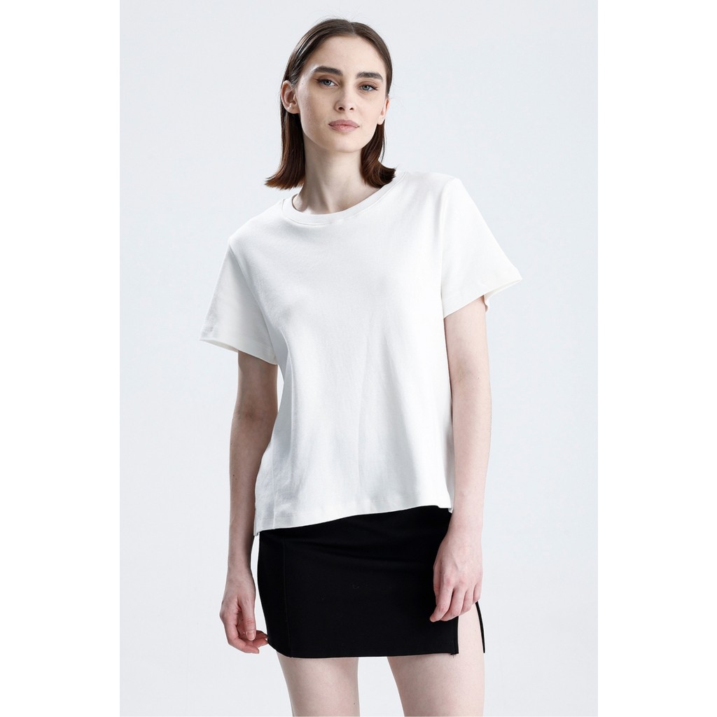 Beyaz Regular Fit Basic Kadın T-Shirt %100 Pamuk Yırtmaçlı Kısa Kol Bisiklet Yaka Düz Renk Giyim & İç Giyim Fiyatı