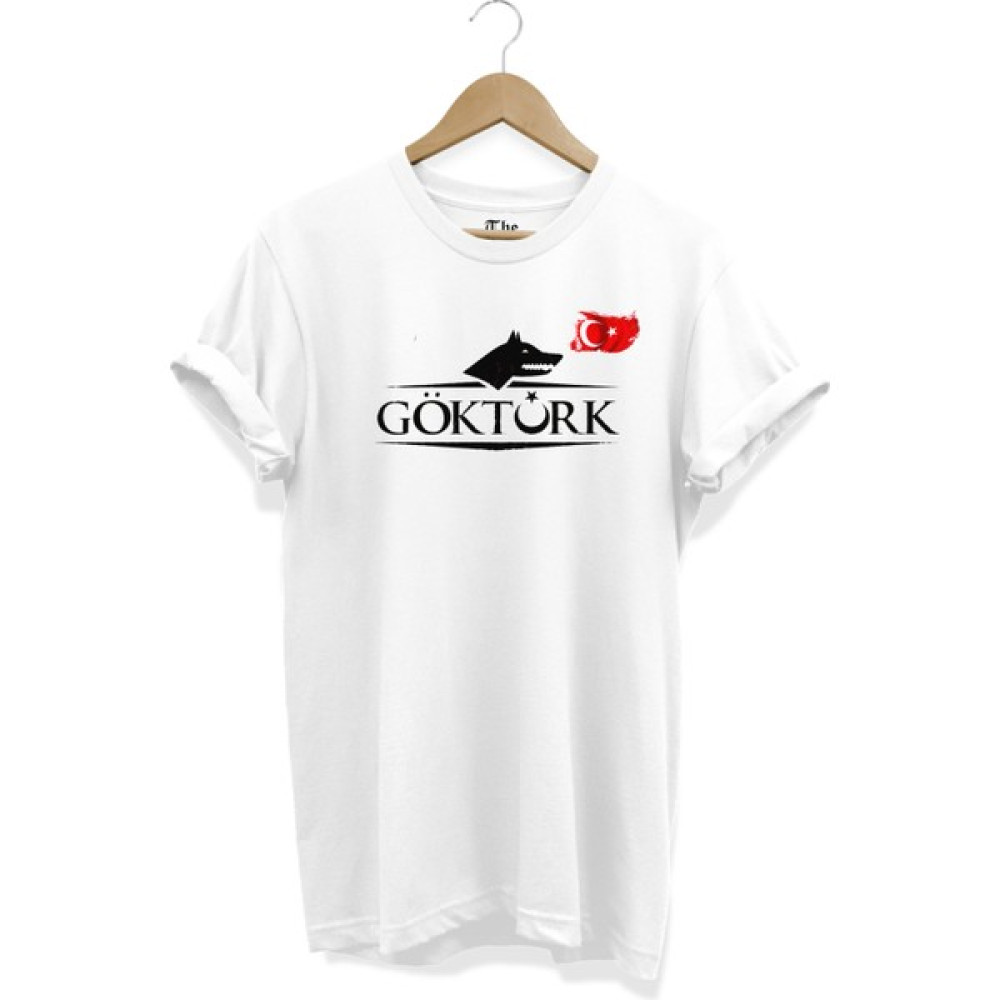 Beyaz Unisex Göktürk Kurt Baskılı Bayraklı Kısa Kollu T-Shirt Erkek T-shirt Fiyatı