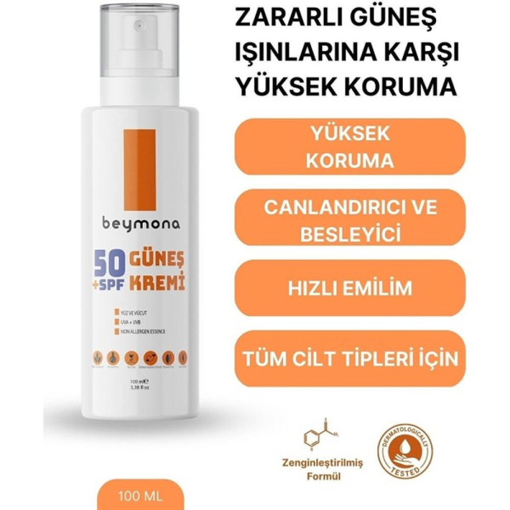 Beymona 50SPF+ Çok Yüksek Koruyuculu Yüz ve Vücut Güneş Kremi 100ML Güneş Kremleri ve Losyonları Fiyatı