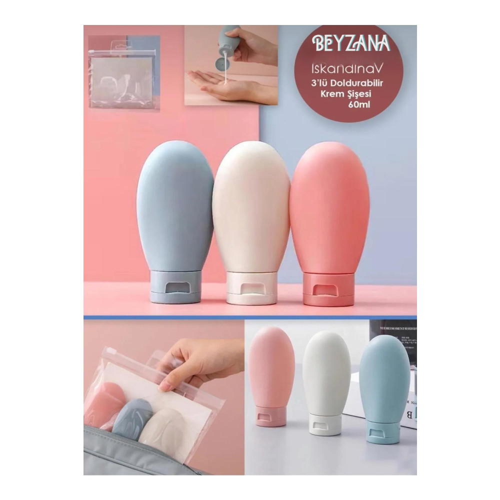 BEYZANA Iskandinav Tarz 3lü Doldurulabilir Çantalı Seyahat Tipi Şişe Seti | Boş Krem Şişesi 60ml Hediyelik Eşya Fiyatı