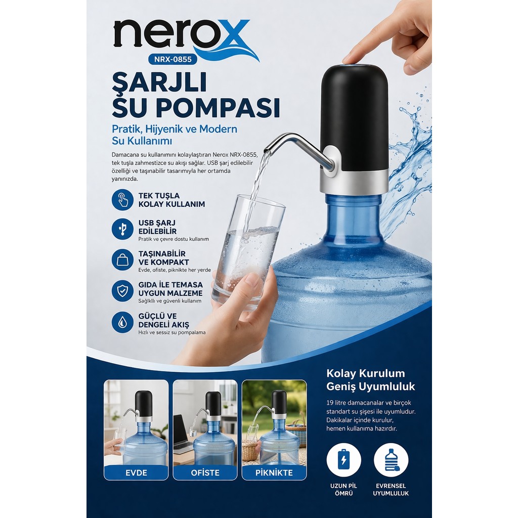 Bezos Nerox Şarjlı Su Pompası NRX-0855 USB Şarjlı Damacana Su Pompası Otomatik Su Sebili Aparatı Diğer Fiyatı