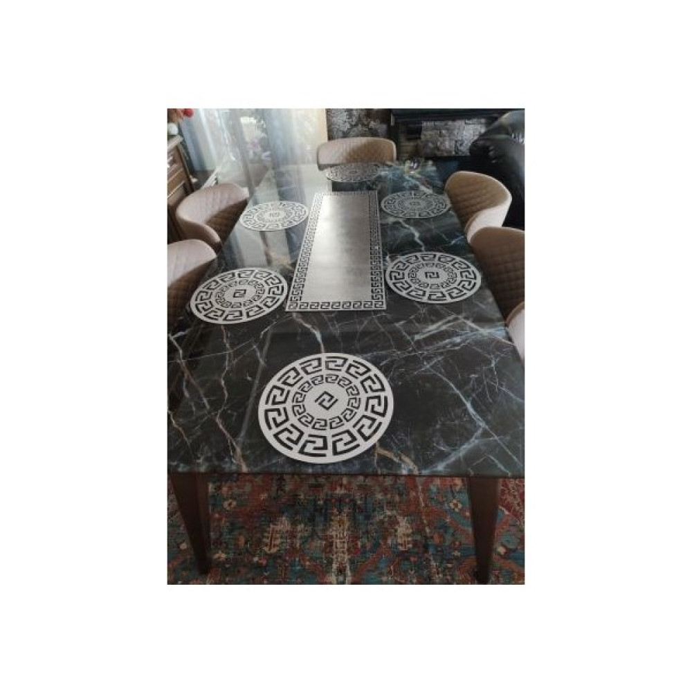 BF Aksesuar ve Special Deri Runner ve 6 Lı Supla Seti Silver Renk - 100 x 33 cm - Gümüş Masa Örtüsü Fiyatı