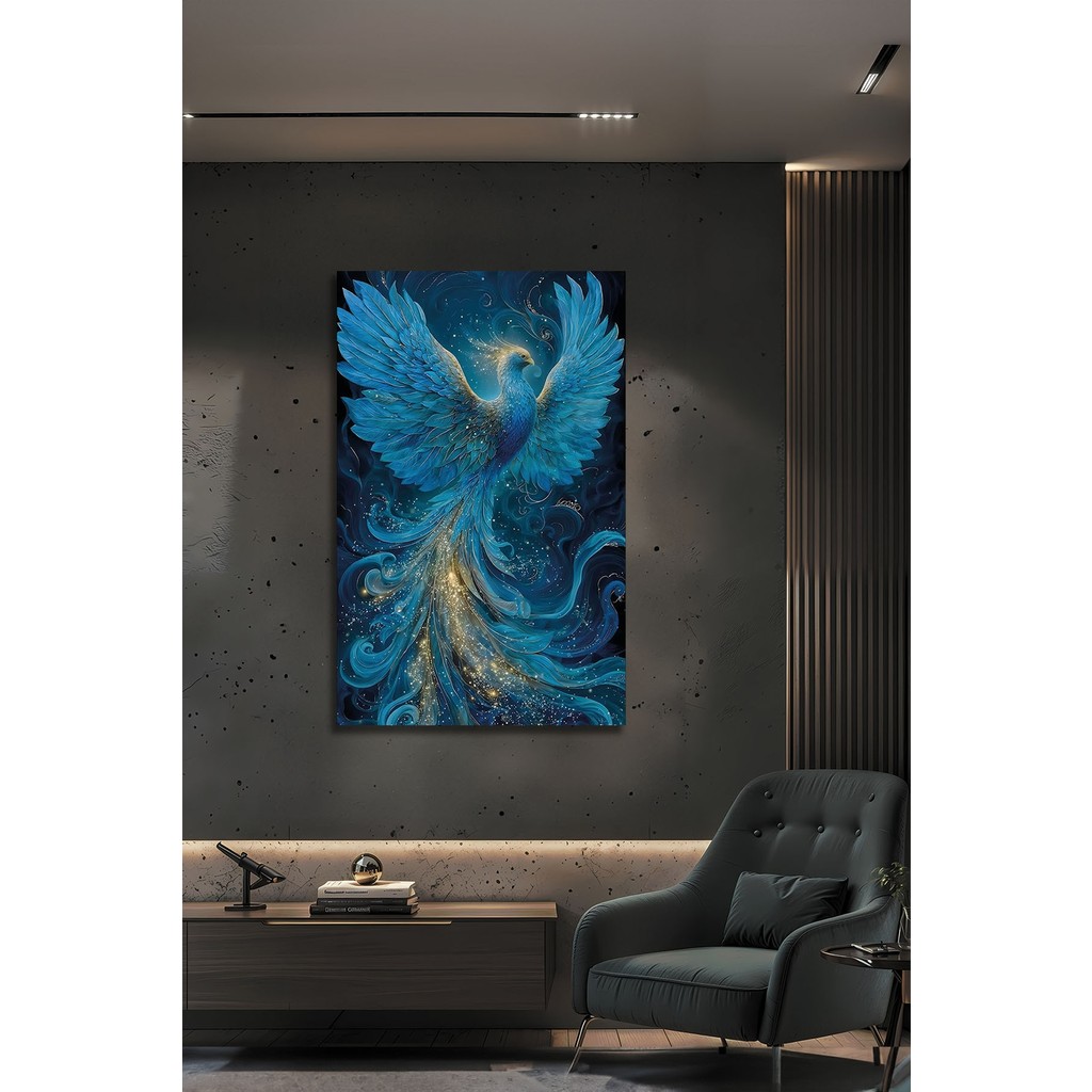 BG Design Turkuaz Zümrüdü Anka Kuşu Cam Tablo Mavi Gold Modern Dekoratif Lüks Salon Ofis Tablosu Temperli Cam - 90X60 Tablo & Poster Fiyatı