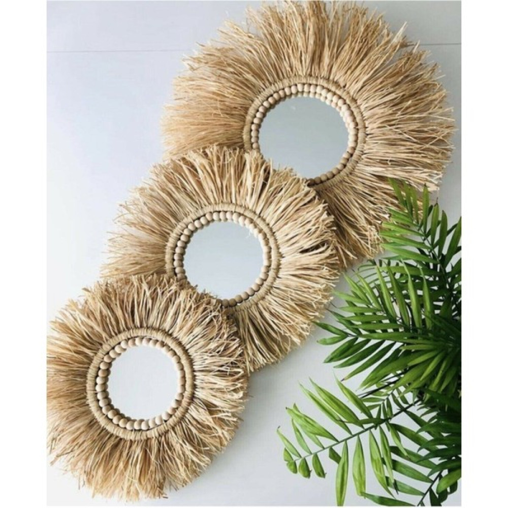 BH Bohem Handmade Dekoratif Rafya Ayna Duvar Süsü 3'lü Boncuklu Ayna Seti Ayna Fiyatı