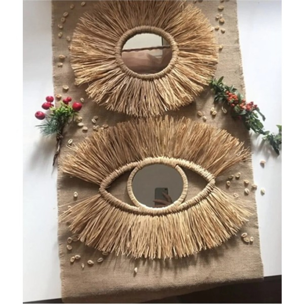 Bh Bohem Handmade El Yapımı Göz Rafya Ayna ve Yuvarlak Ayna 2li B064 - Doğal - 40 Ayna Fiyatı