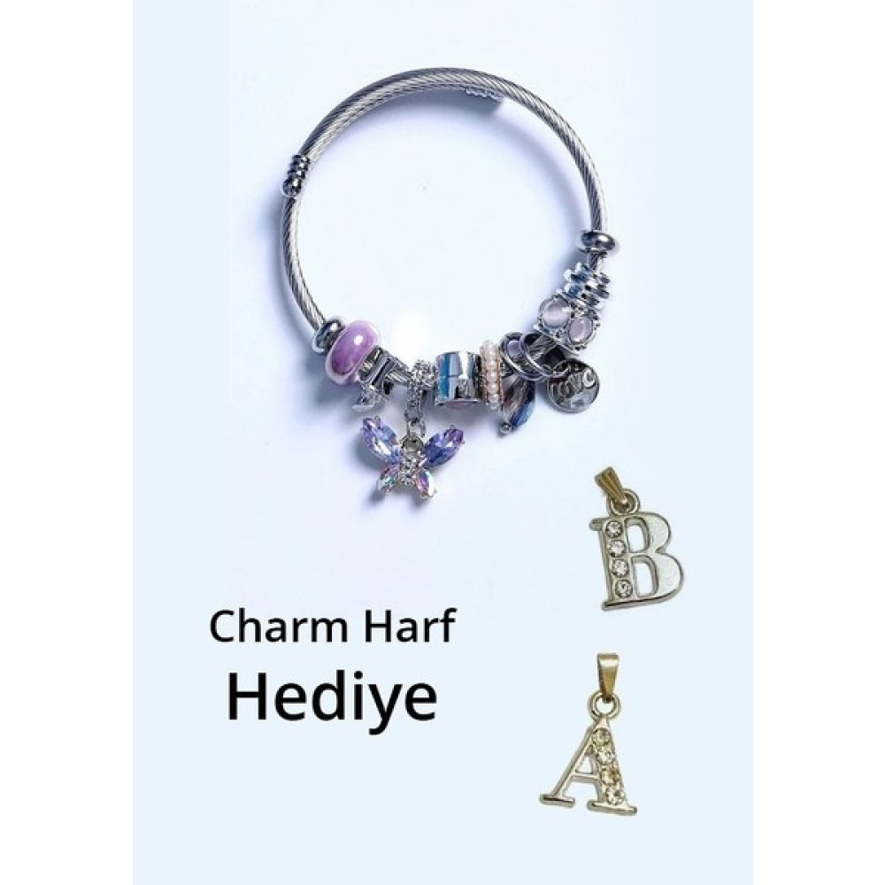 Bhs Life Kelebek Pandora Çelik Bileklik Harf Charm Hediyeli - Lila - Gümüş Altın, Takı & Aksesuar Fiyatı