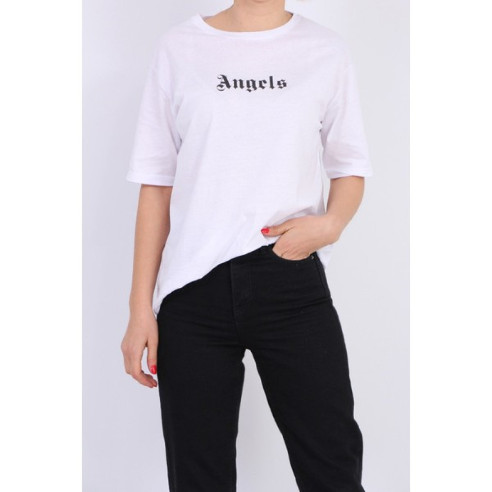 Bi Moda Angels Ön Arka Yazılı Beyaz Kadın TShirt Bayan T-shirt Fiyatı