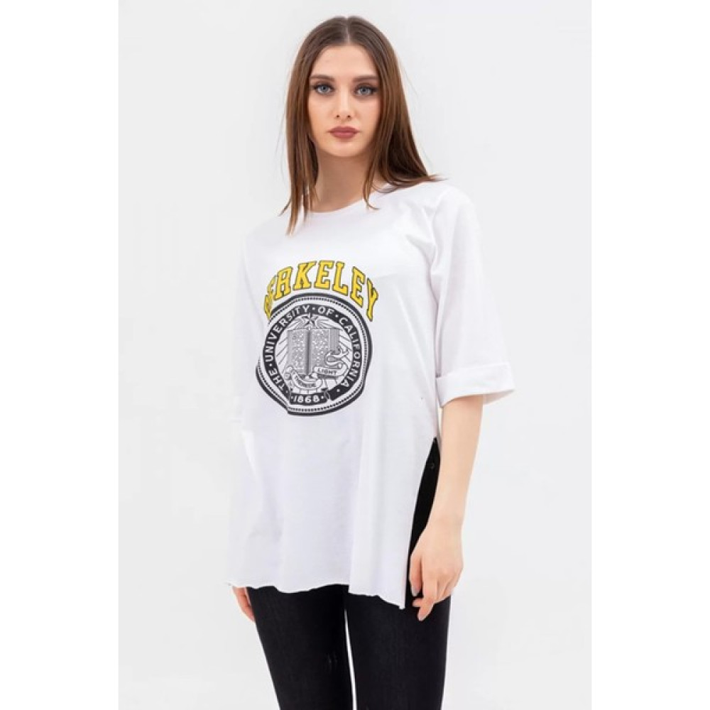 Bi Moda Berkeley Baskılı Beyaz Kadın Oversize TShirt Bayan T-shirt Fiyatı