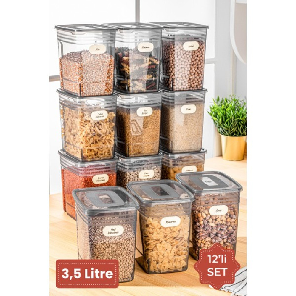 Bi-Öz Home Etiketli 12lı Set Strip Mega Boy Erzak Saklama Kabı 3,5 Litre Antrasit Saklama Kapları Fiyatı
