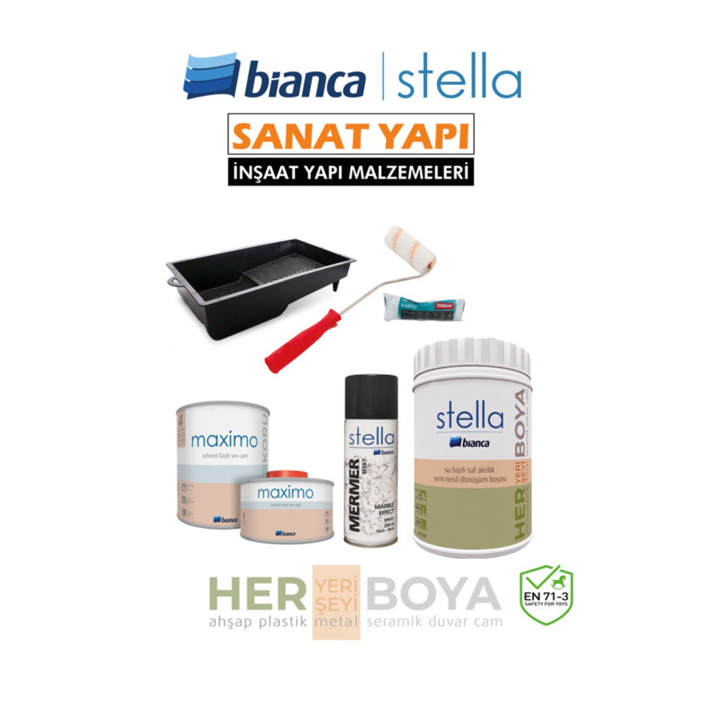 Bianca Stella Set 1 Lt - Beyaz Boya + Siyah Mermer Effekt Sprey + Maximo Sıvı Cam Parlak 1 lt Beden İç Cephe Duvar Boyası Fiyatı