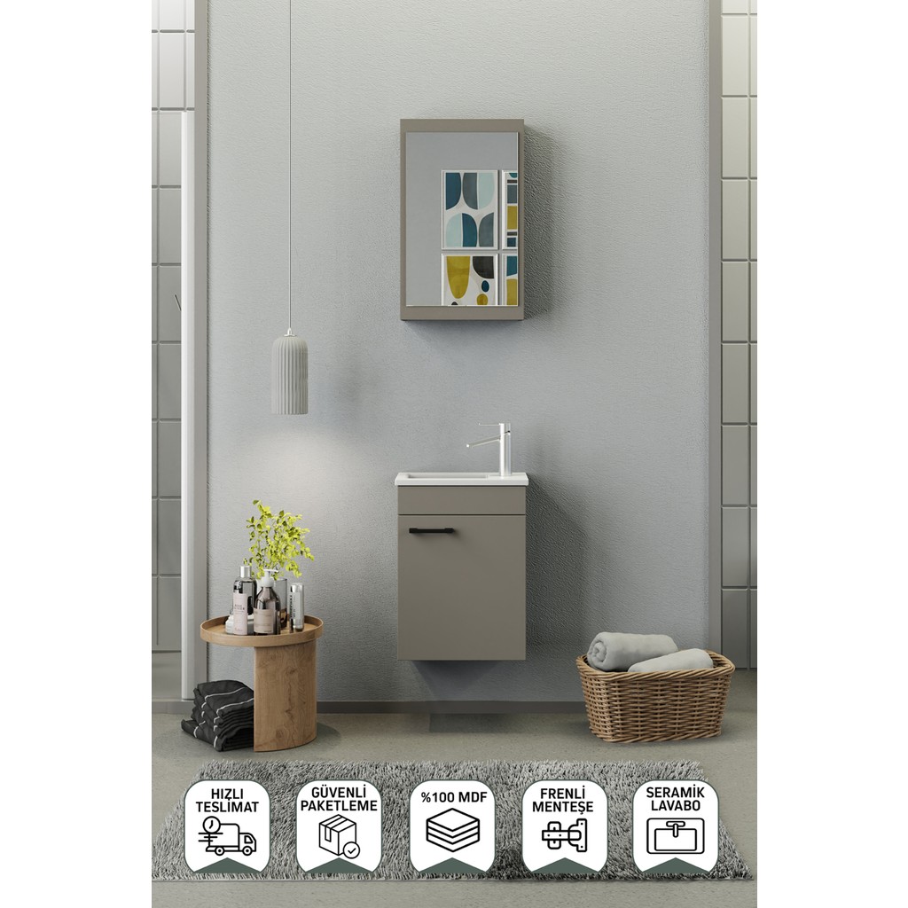 Biani Fix Loft Mini 42 Cm Banyo Dolabı,Seramik Lavabolu, Aynalı,Lavabo Dahil, Mdf,Latte - Cappucino Diğer Fiyatı