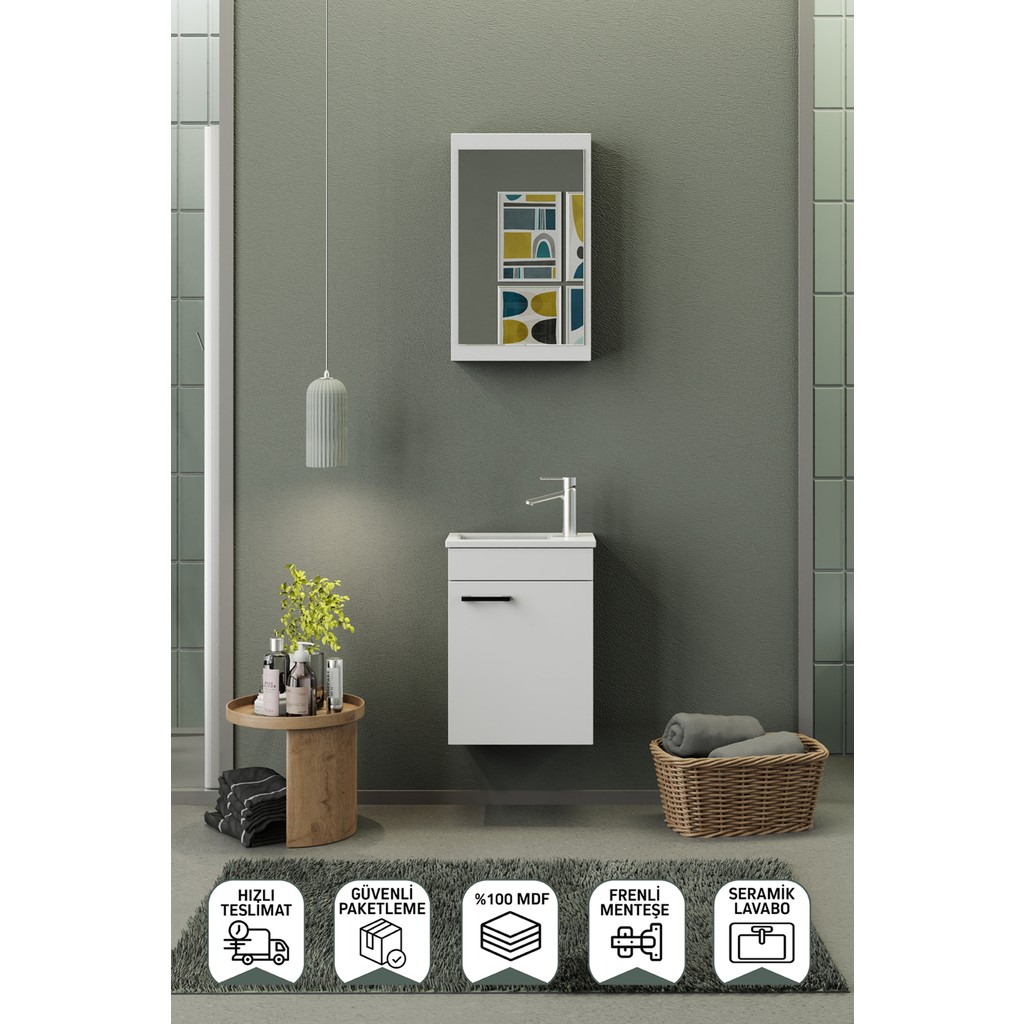 Biani Fix Loft Mini 42 Cm Banyo Dolabı,Seramik Lavabolu, Aynalı,Lavabo Dahil, Mdf,Mat Beyaz - Mat Beyaz Diğer Fiyatı