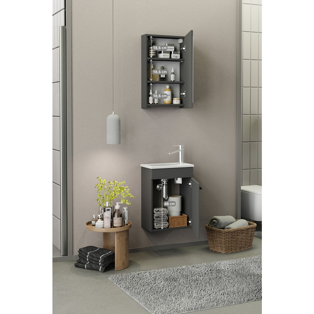 Biani Fix Loft Mini 42 Cm Banyo Dolabı,Seramik Lavabolu, Aynalı,Lavabo Dahil, Mdf,Mat Gri - Mat Gri Diğer Fiyatı