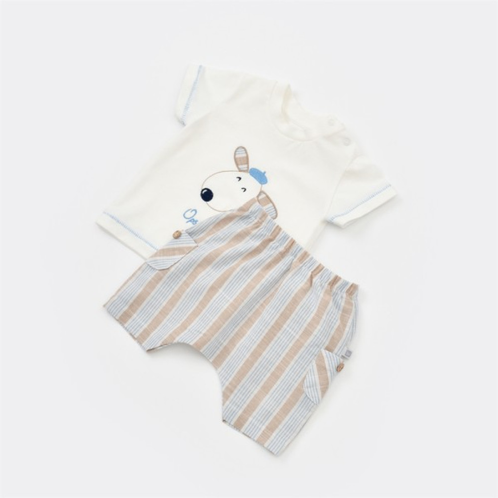 Bibaby 2li Takım Şortlu Stripe Sytle Bej - Mavi Bebek Giysi Takım Fiyatı