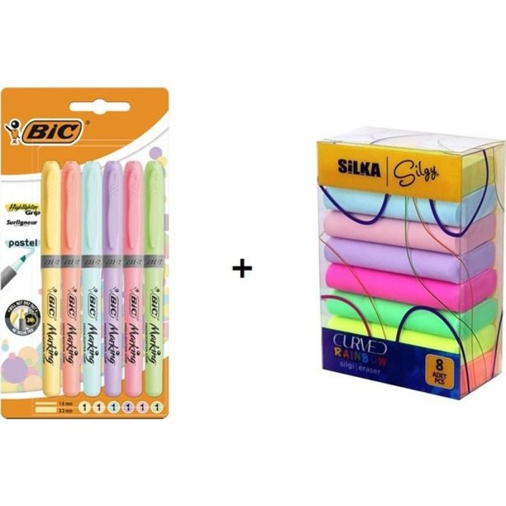 Bic 992561 Brite Liner Grip Pastel Fosforlu Kalem 6'lı + Silka Curved Rainbow Neon Pastel Silgi 8'li Fosforlu Kalem Fiyatı