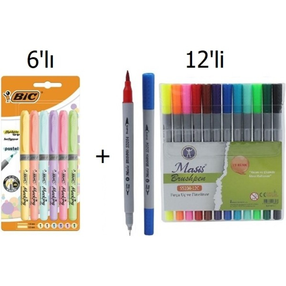 Bic Kalem Tipi Fosforlu Kalem Pastel Renk 6'lı + Masis Çift Uçlu Kalem 12'li Fosforlu Kalem Fiyatı