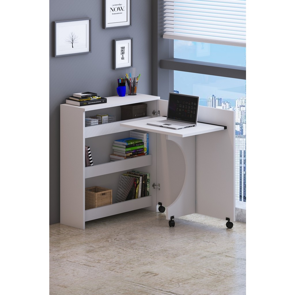 Bicabin Diamond Multi Fonksiyonlu Katlanabilir Raflı Dolaplı Akıllı Çalışma Masası -Beyaz - 90 x 80 cm - Beyaz Çalışma Masası Fiyatı