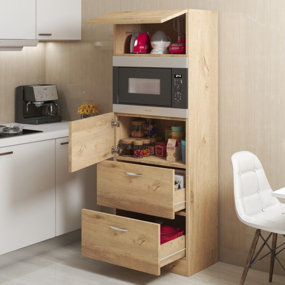 Bicabin Mikrodalga Fırın Bölmeli Çekmeceli Çok Amaçlı Mutfak Dolabı Lefkas Meşe (Multi-Purpose Kitchen Cabinet) - Açık Meşe Gardrop & Dolap Fiyatı