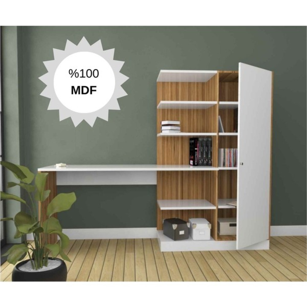 Bicabin Narin Mdf Kitaplıklı Kapaklı Raflı Çok Amaçlı Kullanıma Uygun Çalışma Masası - 178 - Atlantik Çam - Beyaz Çalışma Masası Fiyatı